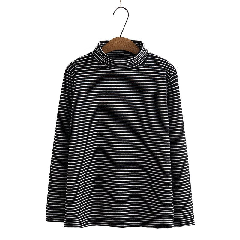 Women Clothing Autumn Winter Striped Long Sleeve Warm Thick Velvet Turtleneck