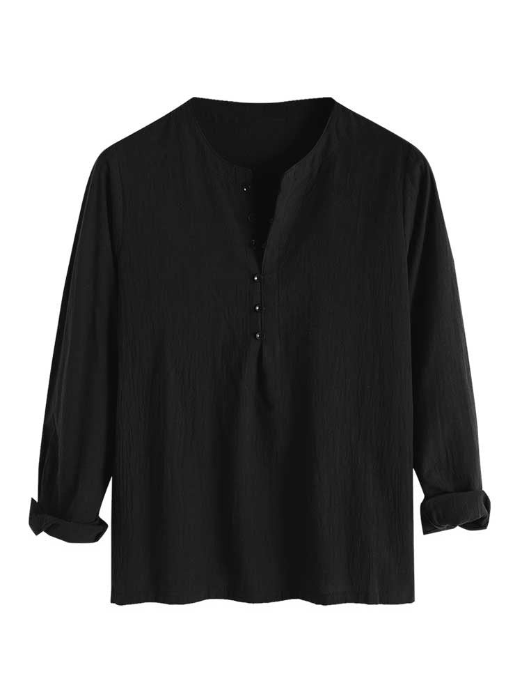 Mens Shirts Solid Henley Long Sleeves Shirt Button Loop Linen Blouse Casual Streetwear Collarless Tops for Fall Winter