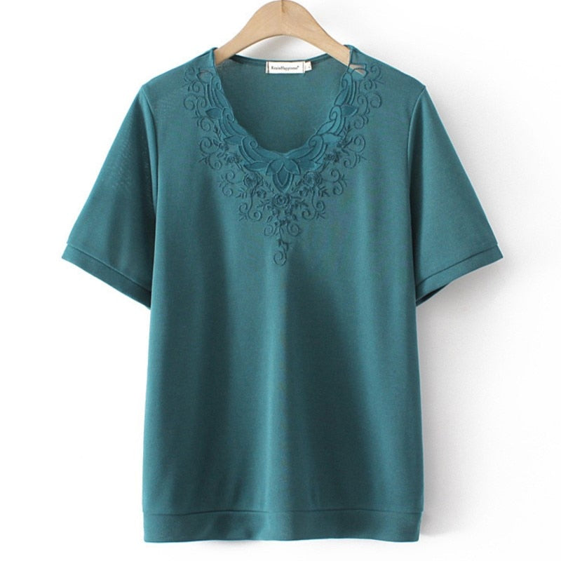 T-Shirt For Women Clothing Ice Knit Embroidery Tops Loose And Casual Curve Tees Summer