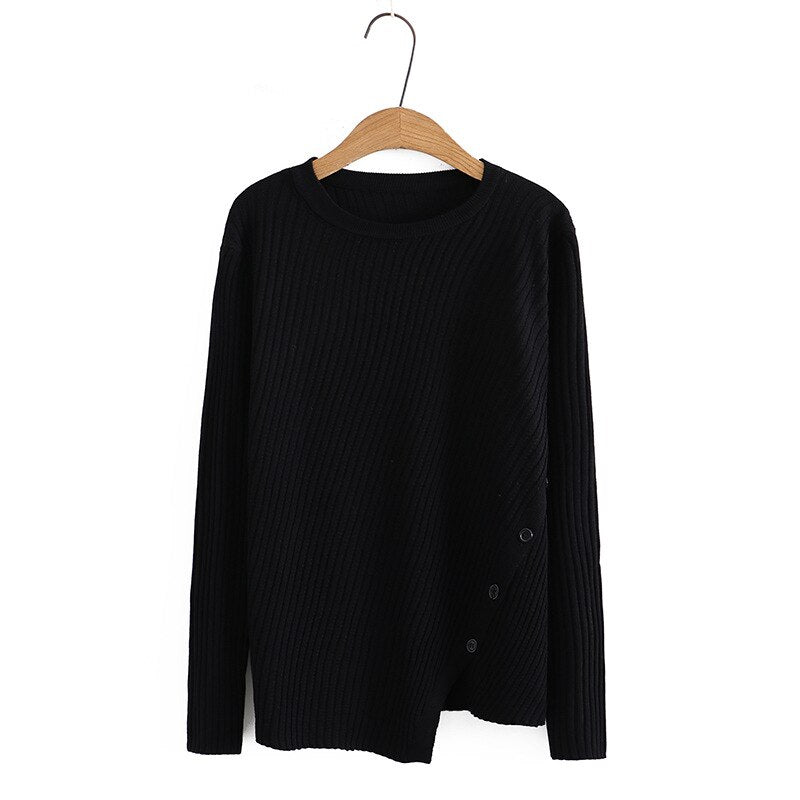 Sweaters Women Autumn Winter O-Neck Slim Jumpers Oblique Button Irregular Split Knitted Pullovers