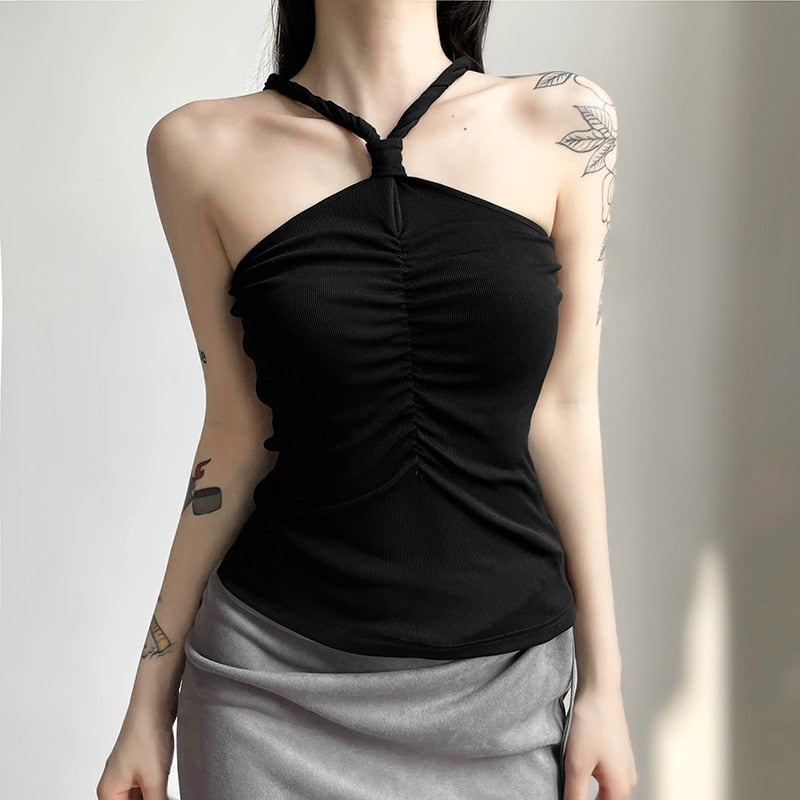 Goth Dark Tie Ruched Mall Gothic Casual Camisoles Grunge Style Bodycon Ribbed Basic Crop Tops Women Sexy Backless Summer Clothes