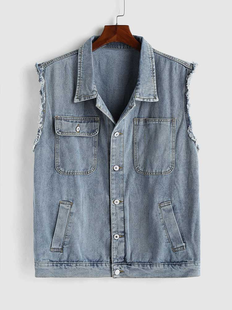 Men Tooling Jean Vest Streetwear Sleeveless Cargo Vest Solid Turn-down Collar Jacket Gilet Denim Waistcoat with Pockets