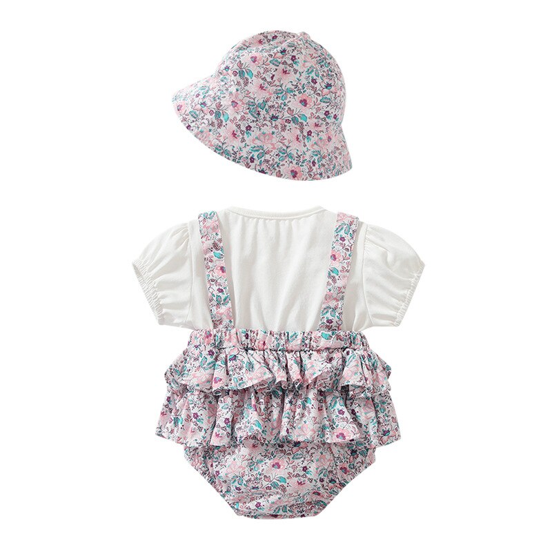 Spring Summer Newborn Babies Jumpsuits Hat Little Baby Girls Short Sleeves Floral Rompers Toddlers