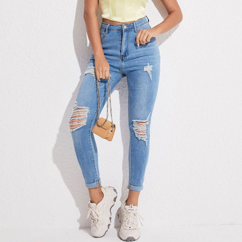 High Waist Cropped Jeans Woman Stretchy Denim Ripped Pencil Pants Jeans For Women Clothing