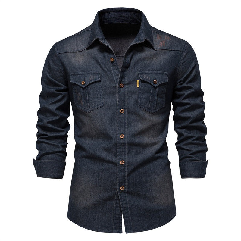 Men Denim Long Sleeve Shirts Casual Solid Single Breasted Top Men Elastic Pure Cotton