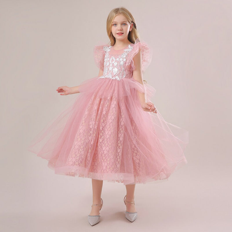 Girls Princess Bridesmaid Dress For Wedding Lace Flower Appliques Ball Gown Kids White Clothes Elegant Party Costumes