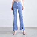 Womens Summer Front Slit Micro-Flare Ankle-Length Jeans High-Waisted High-End Pendant Straight Casual