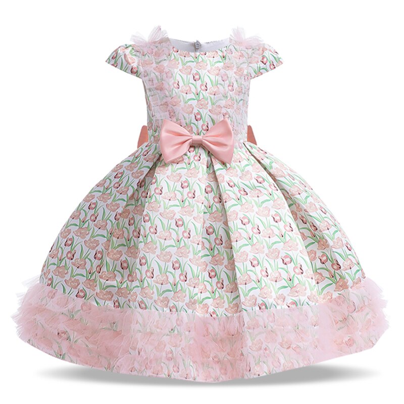 Flower Vintage Bow Girls Dress Kids Clothing Prom Tutu Party Elegant Wear Child Princess Evening Birthday Bridesmaid