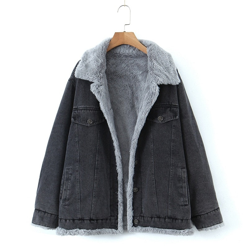 Women Winter Plush Washed Denim Thick Coat Classic Retro Fur Lining Jacket