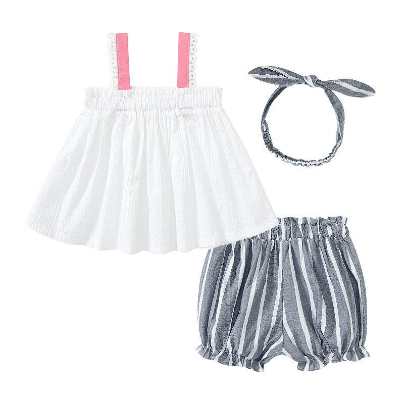 Summer Children Clothing Baby Girl Clothes Kids Suspender Dress Bow-knot Tops Stripe Shorts Two Piece Set Outing Infant Sets