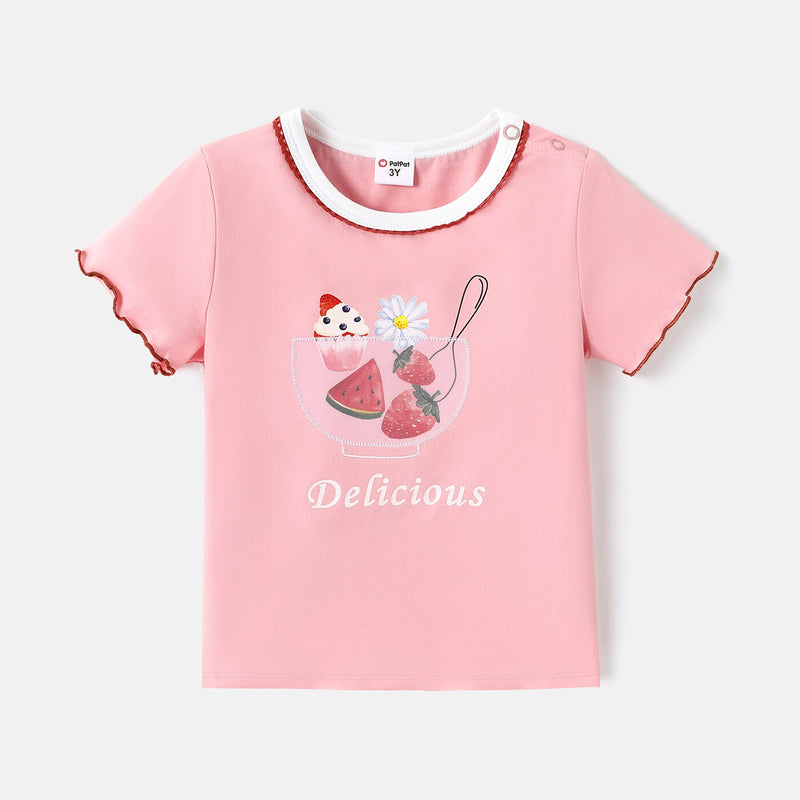 Toddler Girl Cotton Watermelon Print Lettuce Trim Short-sleeve Tee