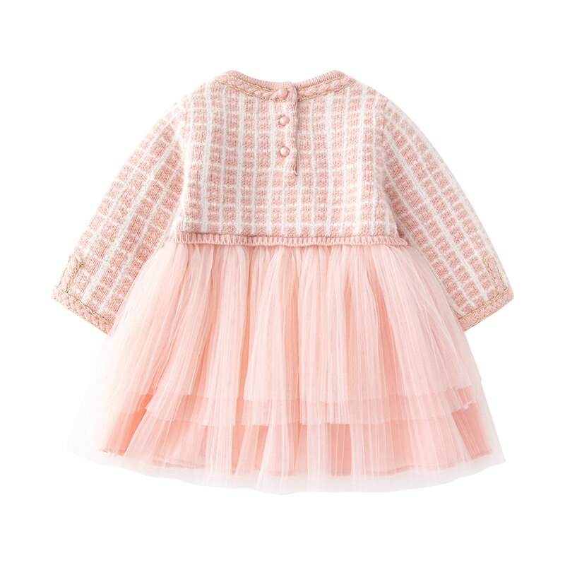 Autumn and Winter Kids Clothing Baby Girl Dress England Style Infant Long Sleeves Pink Knitting Mesh Dress Children Clothes