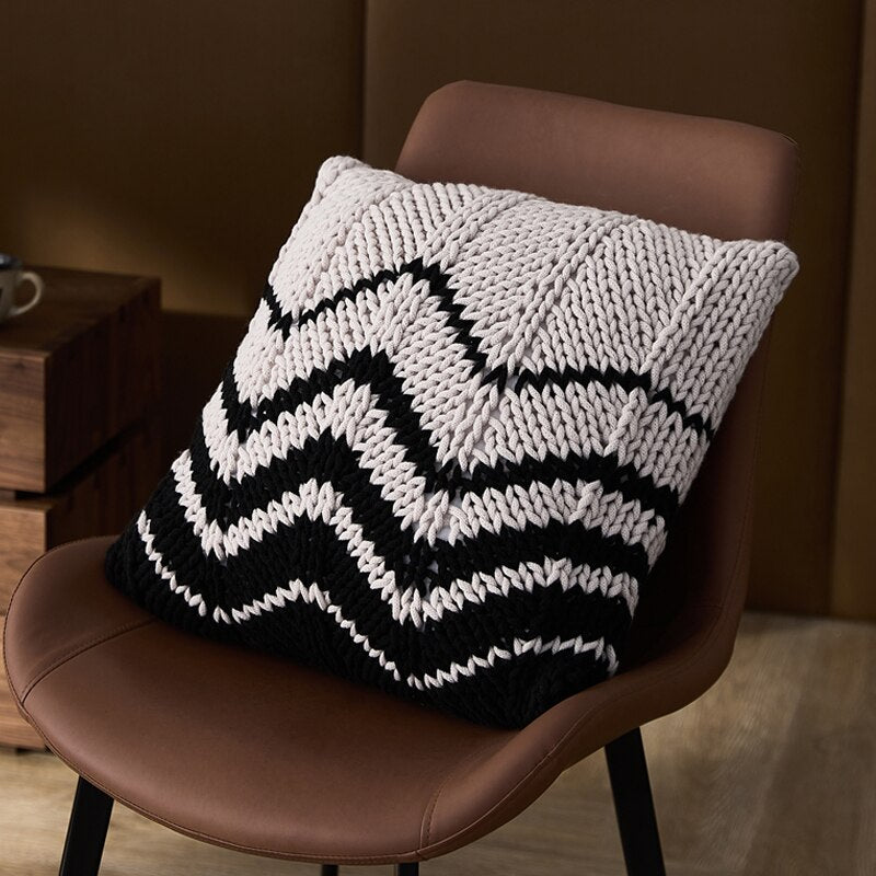 Decoration Cushion 45x45cm Handmade Pillow Geometric Black Ivory Knit Stipe Woven Home Pillow Square Including Inner filler