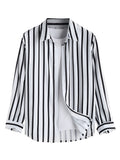 Men Long-Sleeved Shirt Black And White Vertical Stripes Lapel Daily Casual Regular Version Autumn New Blouse