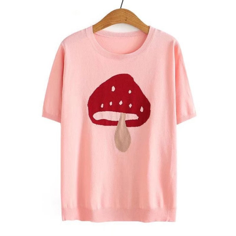 Women Clothing Dobby Ice Silk Tops Casual Mushroom Knitting Tees