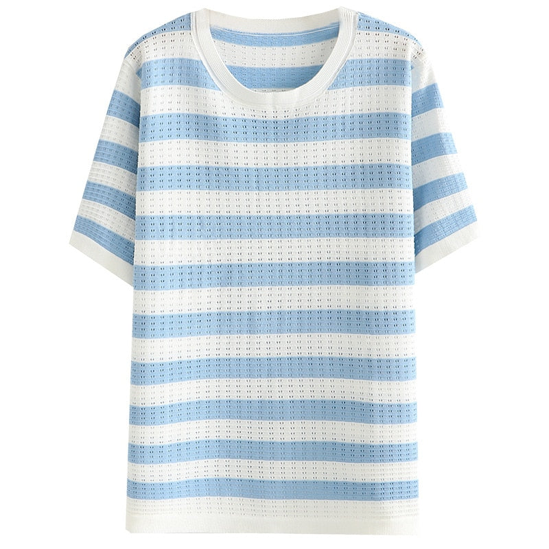 Tee For Women Clothing Hollow Out Tops Sweet Stripe Short Sleeve Thin Ice Silk Knitting Tee