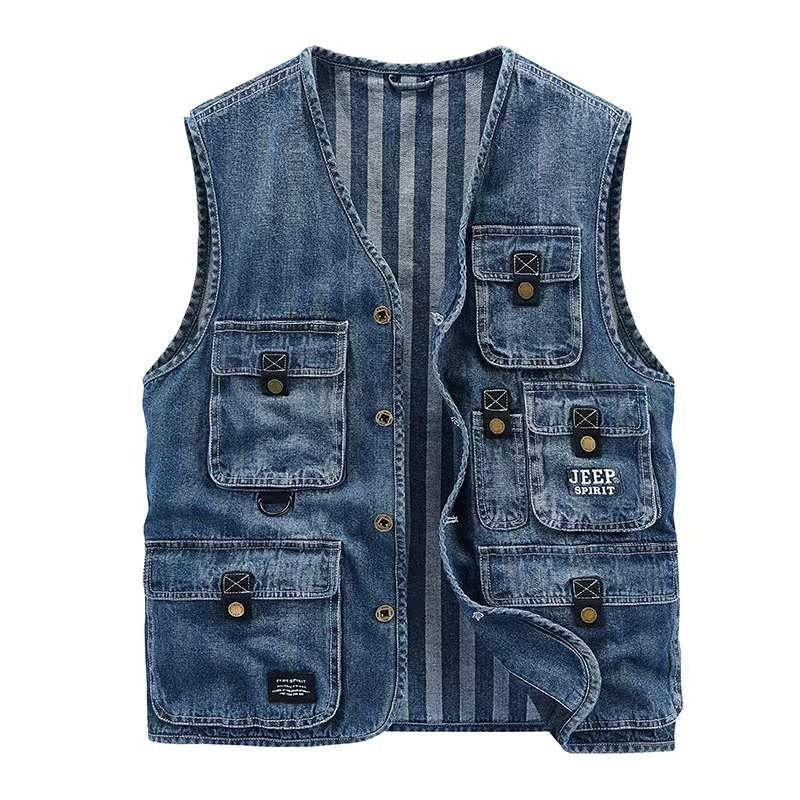 Denim Vest Jacket Men Clothing Casual Jean Black Coats Vests For Men Winter Multi-pocket Sleeveless Work Vest