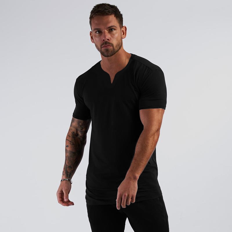 Summer V neck Short Sleeve Men T shirt Slim Fit t-shirt Men Skinny Casual Gym Clothing Fitness