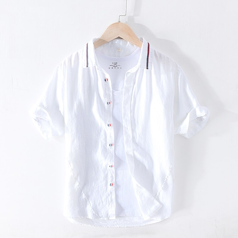 Pure Linen Summer Striped Shirts for Men Short Sleeve Patchwork Shirt Male