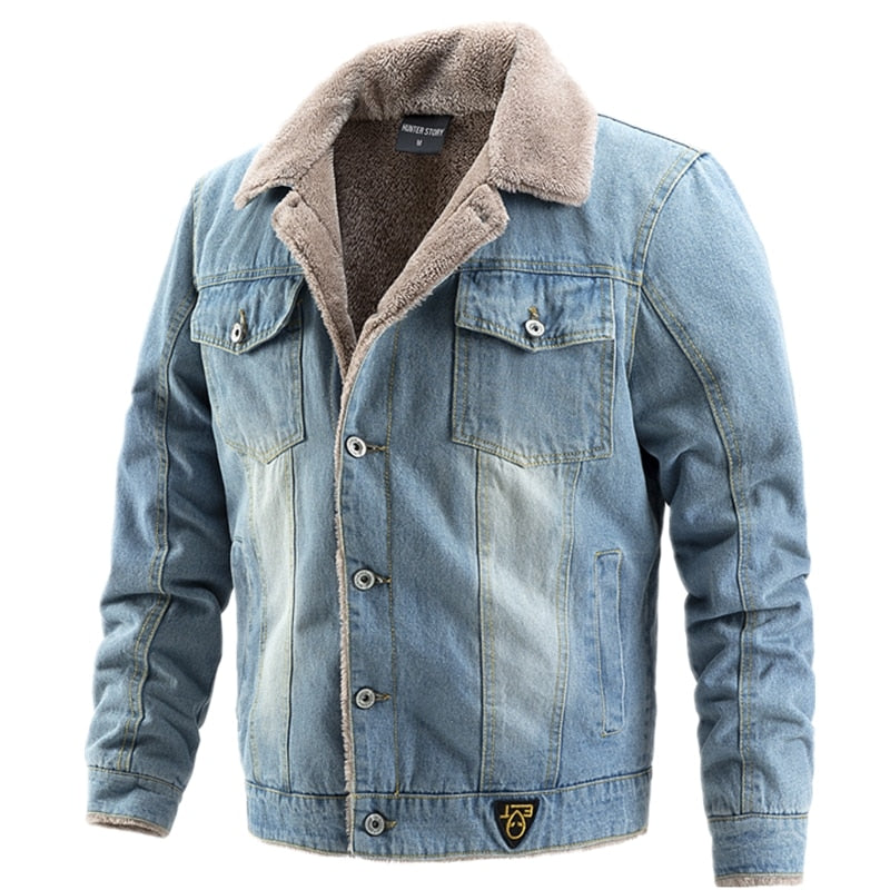 Velvet Thick Denim Jacket Men Casual Lapel Cotton Jeans Jacket Men Fur Collar Warm Winter Mens Jackets And Coats