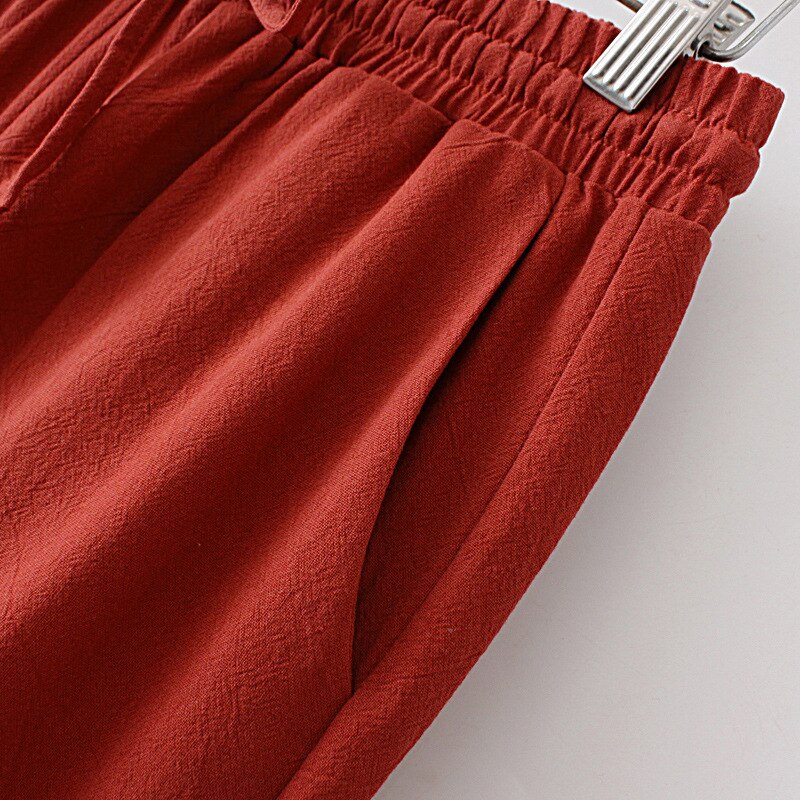 Women Loose High Waist Cotton Line Ankle Length Drawstring Harem Trousers
