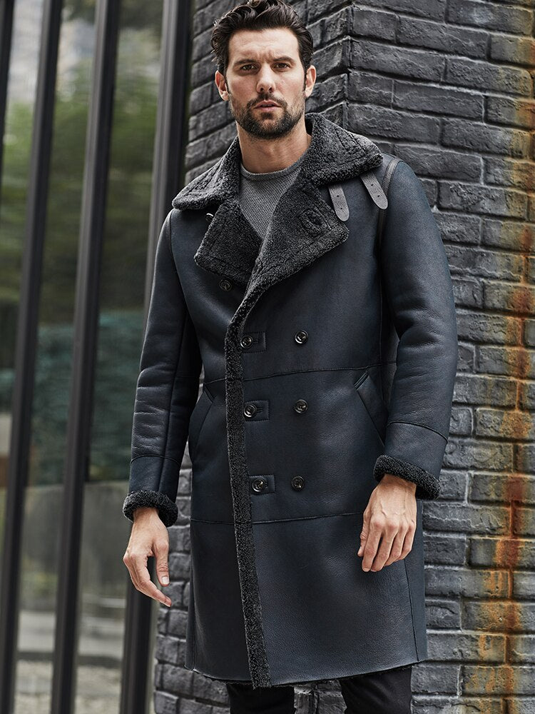 Mens Dark Blue Long Shearling Coat Lapel Double Breasted Thickened Winter Genuine Leather Jacket Real Overcoat