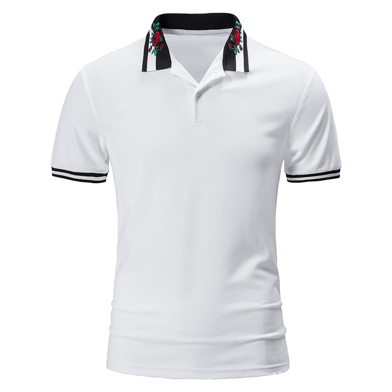 Summer Short Sleeve Basic Lapel Polo Shirt Men Rose Embroidered T-Shirt Top