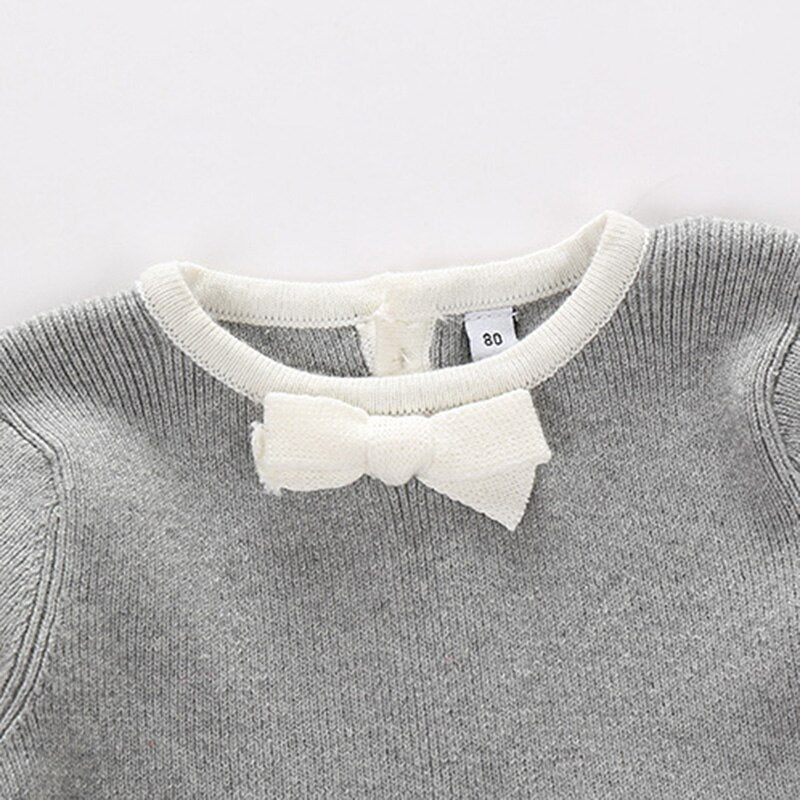 Spring and Autumn Kids Clothing Baby Girl Gray Cotton Knitting Dress Infant Bow Dress Long Sleeves Outing Children Clothes