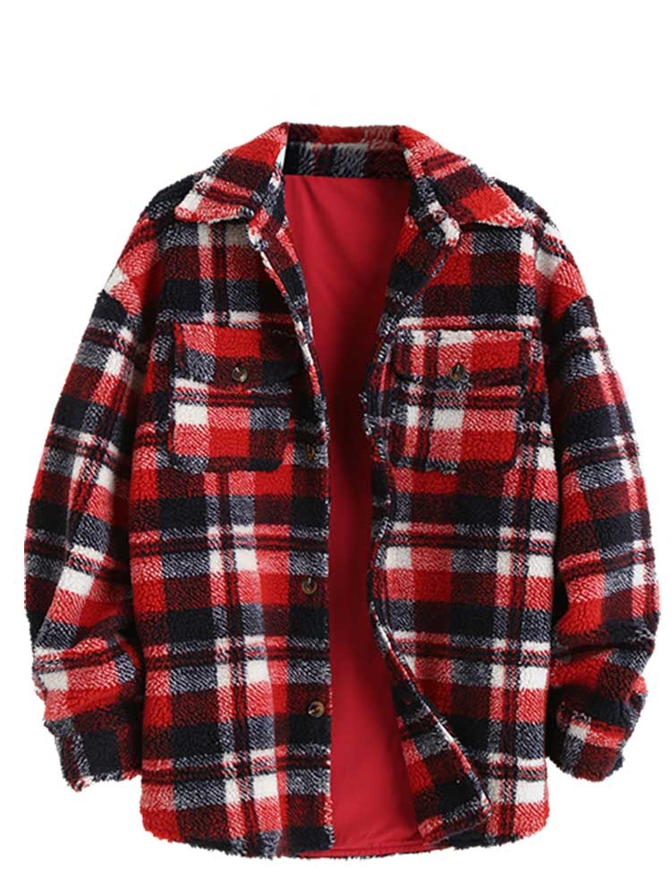 Jacket for Men Plaid Fluffy Fleece Shirt Jacket with Pocket Button-up Faux Fur Sherpa Fall Winter Streetwear Topcoats