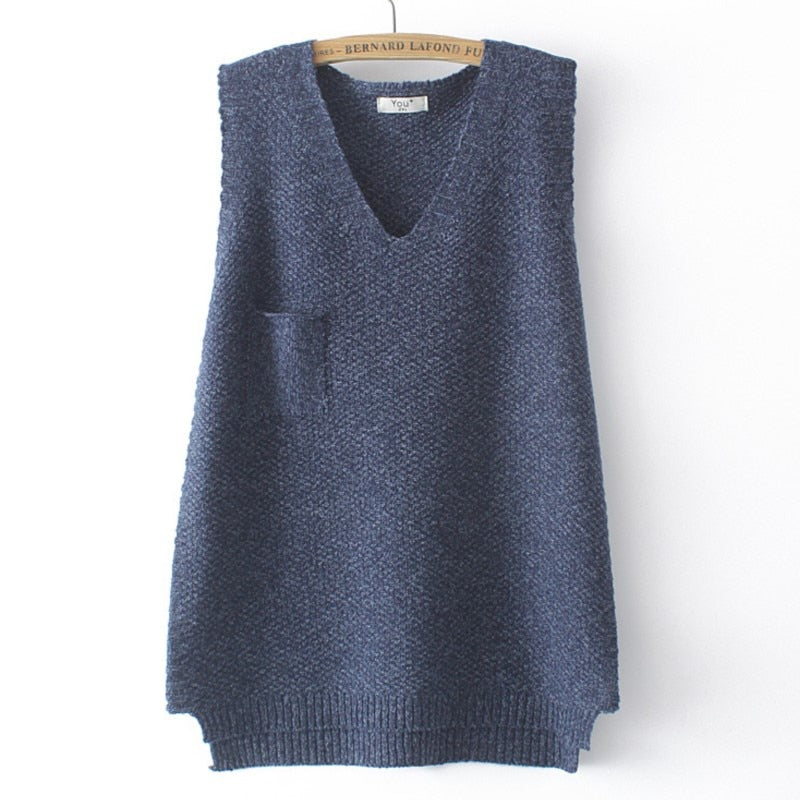 Women Navy Blue Sweater Vest LOOSE High Stretch Long Pullover Solid V-Neck Asymmetrical Length Pocket Curve Jumper