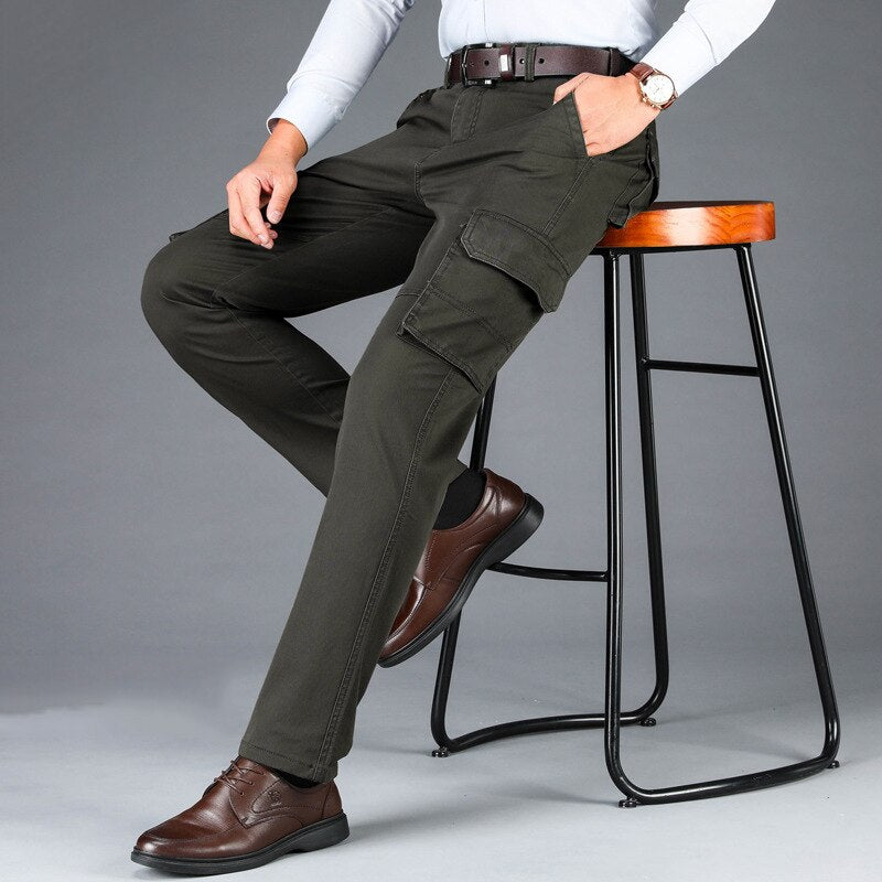 Winter Casual Pants For Men Business Straight Stretch Solid Loose Multiple Pockets Outdoor Male Trousers