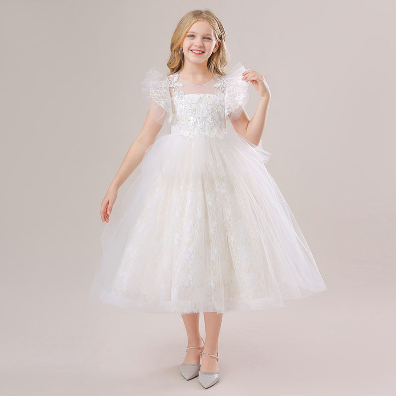 Girls Princess Bridesmaid Dress For Wedding Lace Flower Appliques Ball Gown Kids White Clothes Elegant Party Costumes