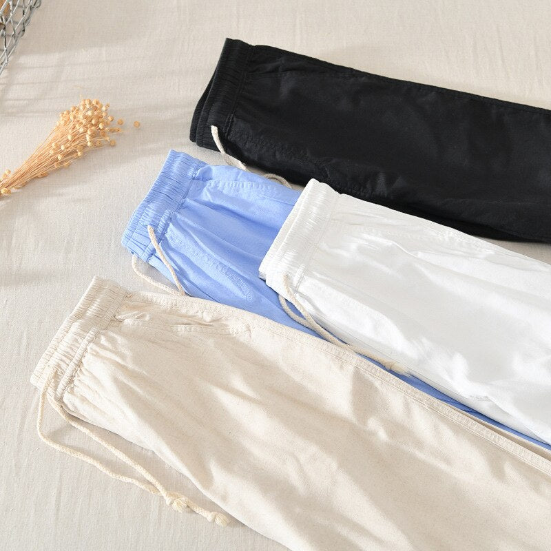 Summer Men Solid Simple Casual Thin Natural Cotton Linen Pants Elastic Waist Drawstring White Beach Trousers