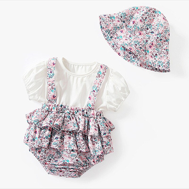 Spring Summer Newborn Babies Jumpsuits Hat Little Baby Girls Short Sleeves Floral Rompers Toddlers