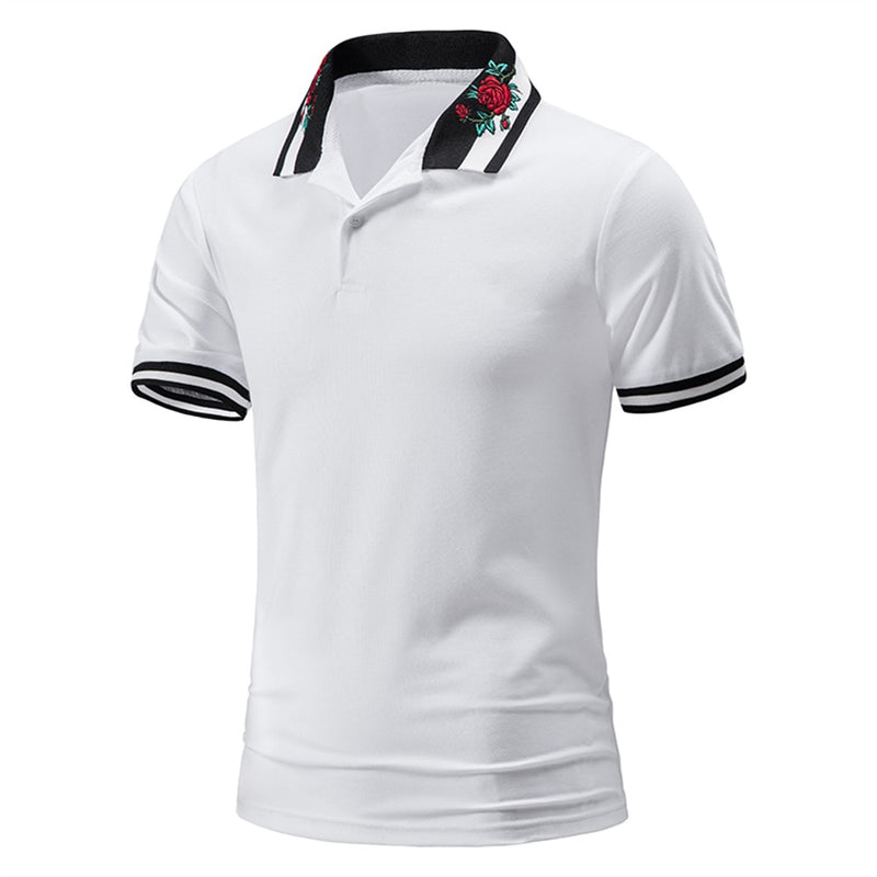 Summer Short Sleeve Basic Lapel Polo Shirt Men Rose Embroidered T-Shirt Top