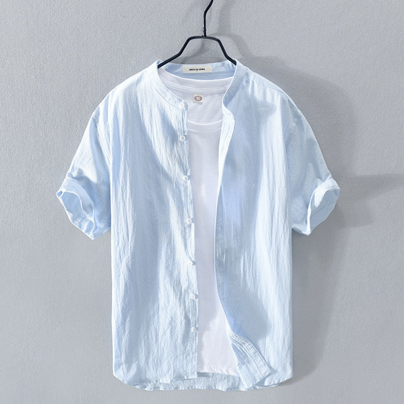 Summer Men Textile Linen Wrinkled Short Sleeve Shirt Simplicity Casual Sold Breathable Classical Tops Shirts