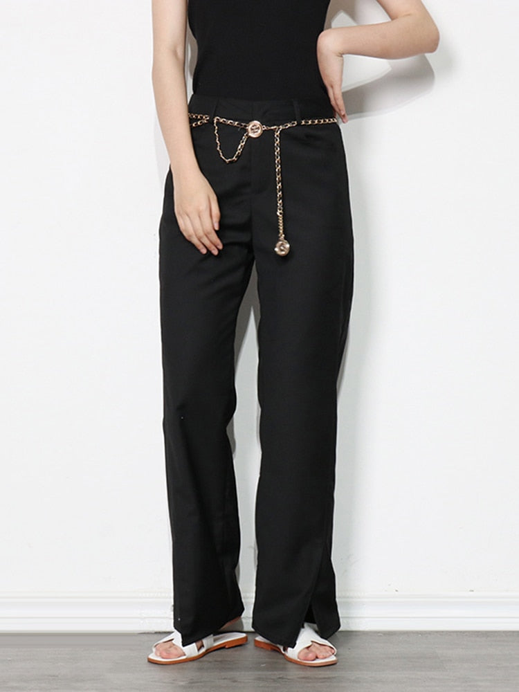 Minimalist Patchwork Chain Trousers For Women High Waist Flat Zipper Split Buttom Casual Wide Leg Pants Female Autumn