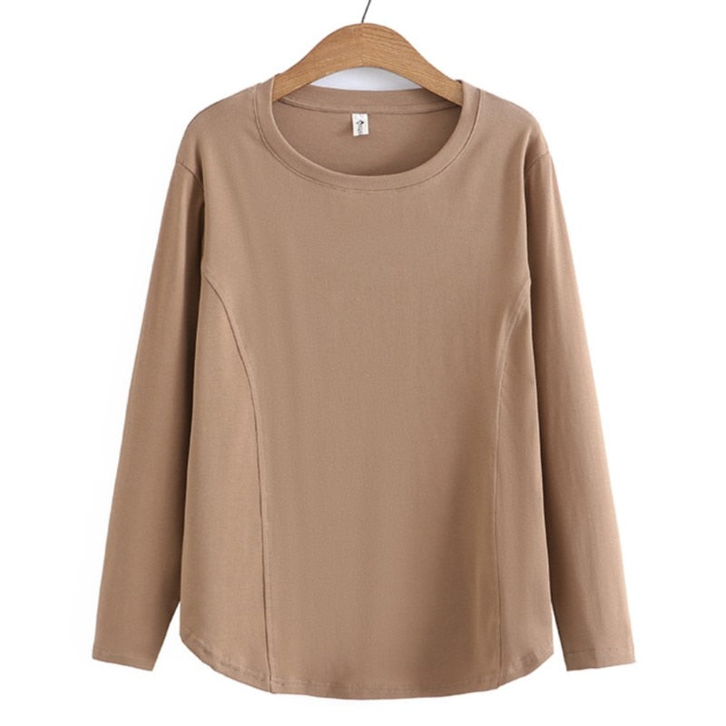 Women Spring Simple Hem Two Side Pleated O-Neck Tees Long Sleeve Tops Oversized Curve Clothes