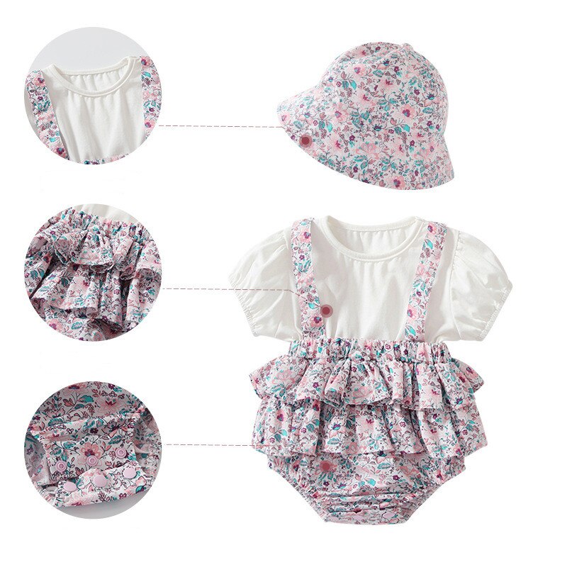 Spring Summer Newborn Babies Jumpsuits Hat Little Baby Girls Short Sleeves Floral Rompers Toddlers