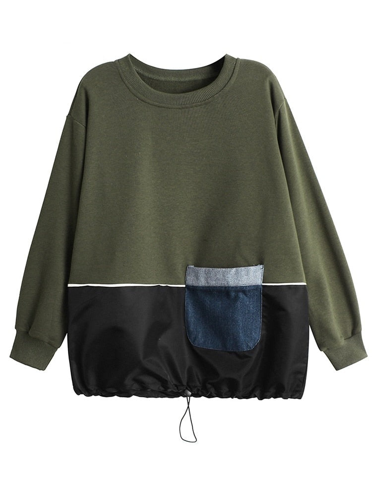 Women Army Green Pocket Casual T-shirt Round Neck Long Sleeve Tide Spring Autumn