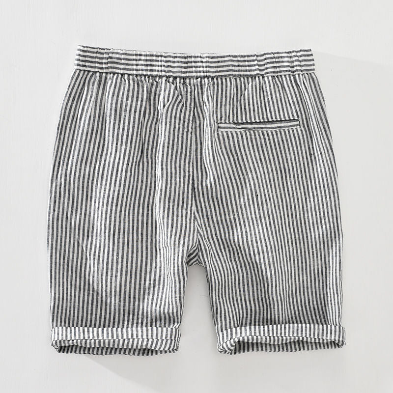 Striped Shorts for Men Pure Linen Casual Elastic Waist Button Up Short Pants Summer