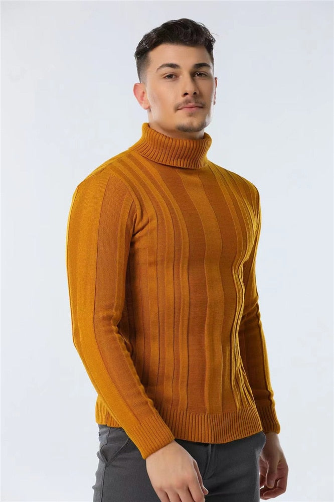 Slim Fit Pullovers Turtleneck Men Casual Basic Solid Color Warm Striped Sweater Mens New Winter Sweaters Male