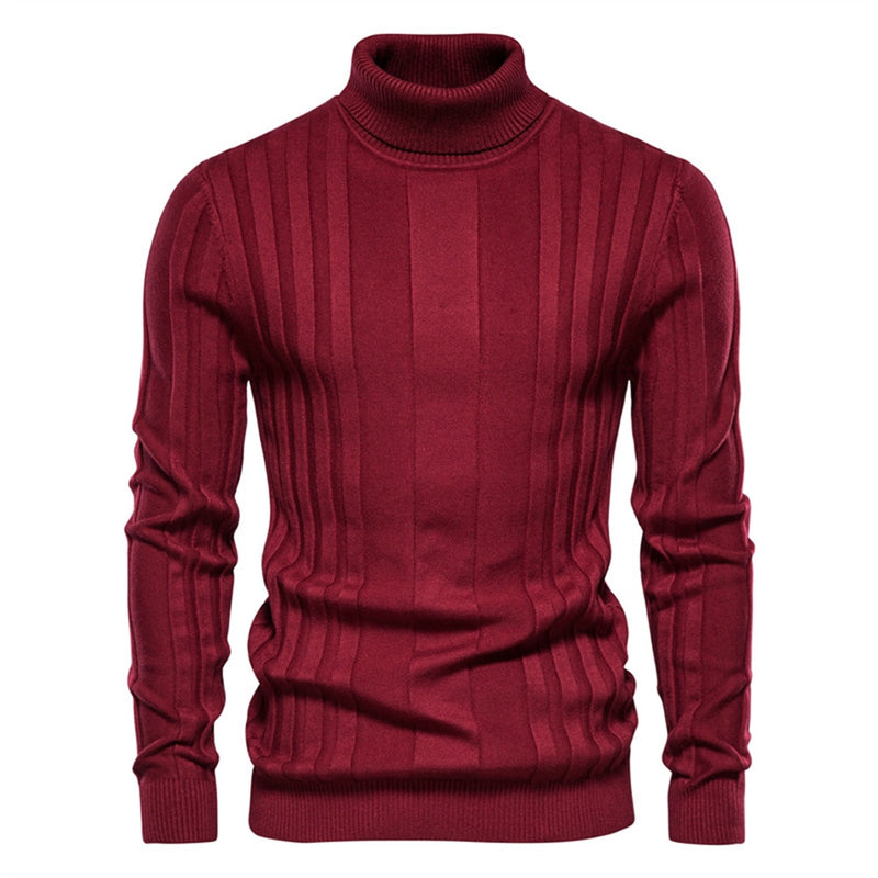 Slim Fit Pullovers Turtleneck Men Casual Basic Solid Color Warm Striped Sweater Mens New Winter Sweaters Male