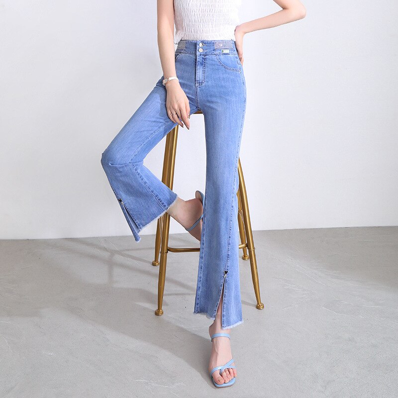 Womens Summer Front Slit Micro-Flare Ankle-Length Jeans High-Waisted High-End Pendant Straight Casual