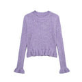 Women Diamonds Round Neck Knitted Pullover Solid Color Long Sleeve Ruffle Sweater Casual Style Winter