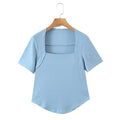 Women Elegant Show Collarbone Square Collar Tops French Slim Short Sleeve Tee Summer