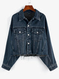 Drop Shoulder Frayed Hem Denim Jacket Women Wide Waisted Single Breasted Jean Coat Spring Autumn Casual Outwear