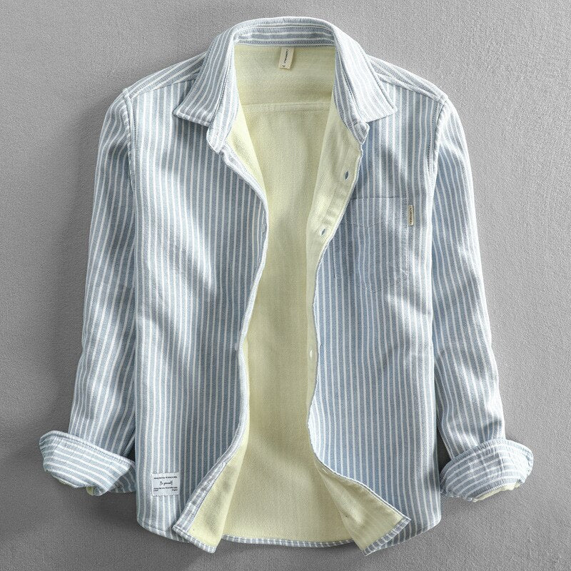 Men Winter Thicken Fleece Warm Casual Stripe Shirt Style Simple Classic Versatile Cotton Blouses Daily Tops Male