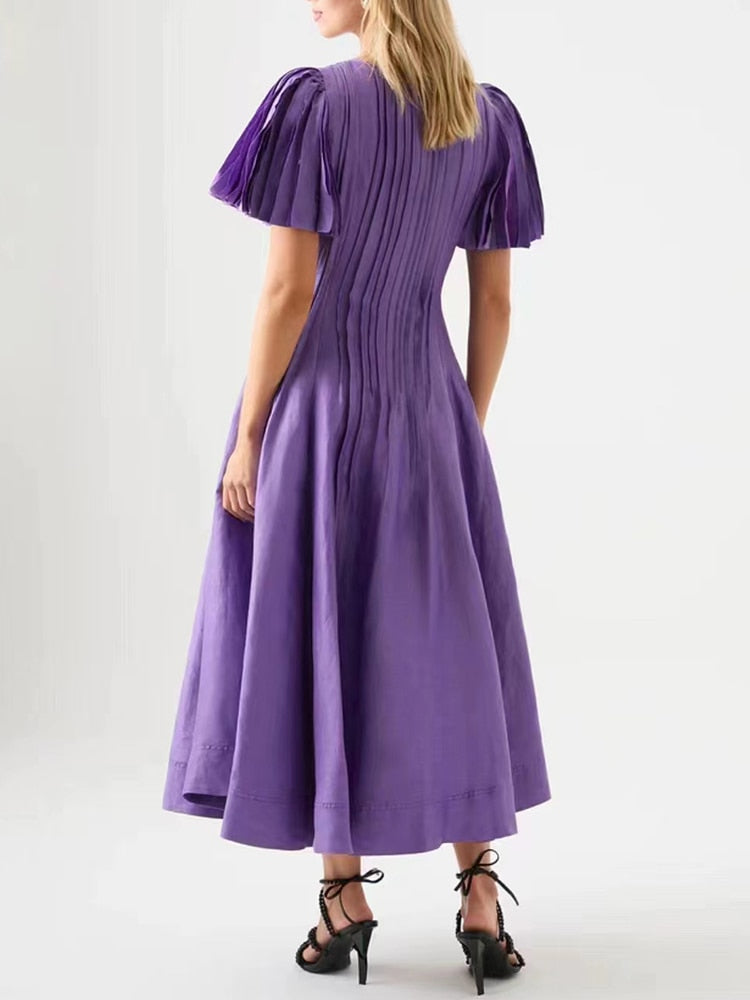 Purple Slim Long Dress For Women Round Neck Puff Sleeve High Waist Patchwork Pleasted A Line Dresses Female Spring Clothing