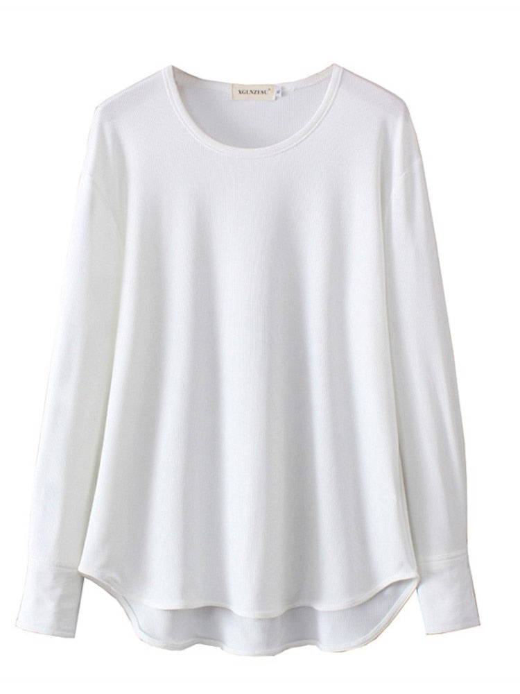 Womens Clothing Spring Casual Slim Tees With Long Sleeves Knitted High Stretch Simple Tops